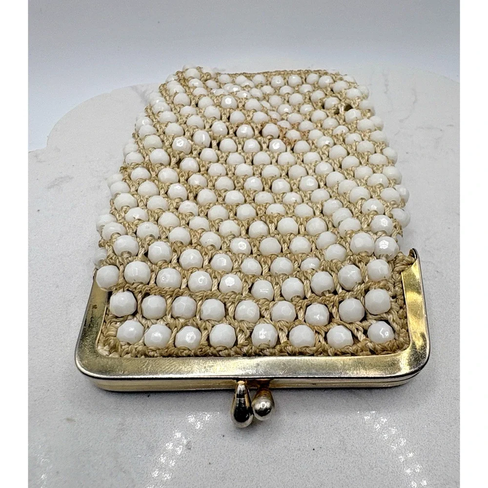 Cream Colored Caviar Beaded Cigarette Case Gold Tone Kiss Lock Frame Vintage